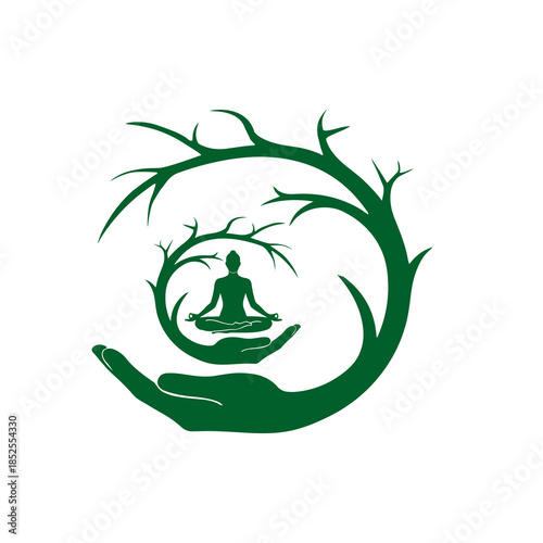 Green meditation logo representing peace and growth
