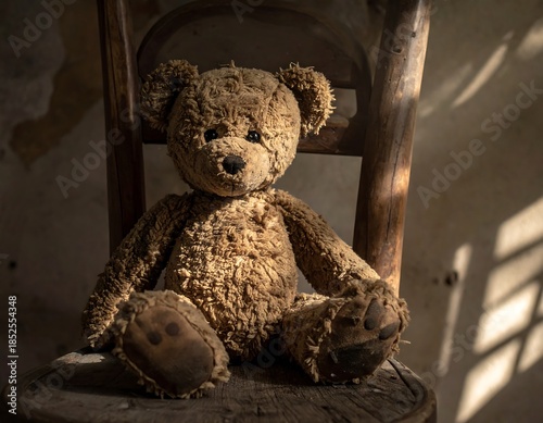 A worn, brown plush toy sits on a vintage wooden chair