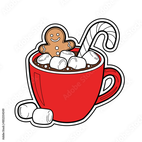 Festive Hot Chocolate Mug with Gingerbread Man, Marshmallows & Candy Cane. Winter Holiday Drink Illustration