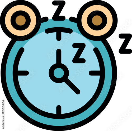 Cartoon alarm clock is sleeping, showing zzz text representing sleep time