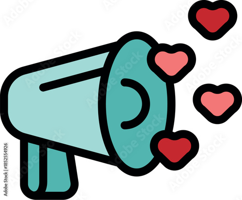 Megaphone emitting hearts, symbolizing spreading love, positivity, and good news through public announcements