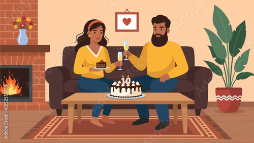 In a warm, fire-lit living room, a happy couple toasts champagne glasses to celebrate their tenth anniversary, enjoying a slice of cake beside a centerpiece marked with number ten candles