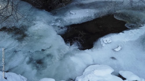 River stream flowing under ice at winter. Frozen stream in mountain forest during extreme cold