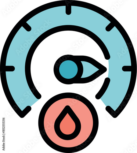 Humidity indicator with blue needle pointing low and red drop showing dryness