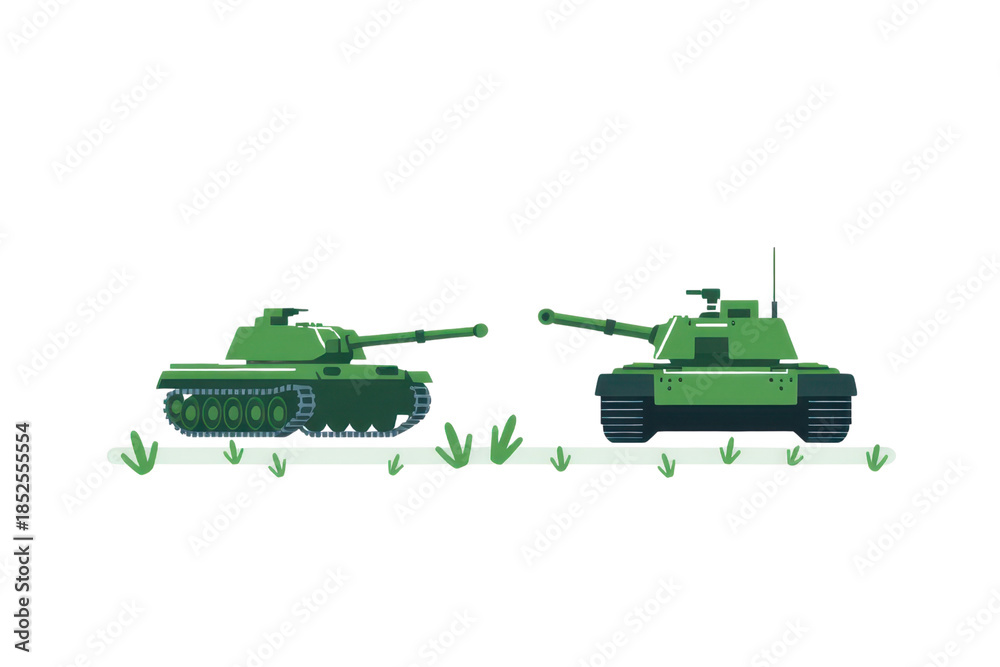 Fototapeta premium a simple flat 2D icon of Ukraine war geopolitics, tanks positioned on opposing sides of a map boundary, modern warfare symbol, green and black colors, clean sharp lines, no shadows