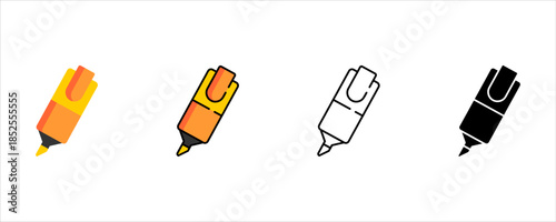 Marker Highlighter Icon Set for School Supplies