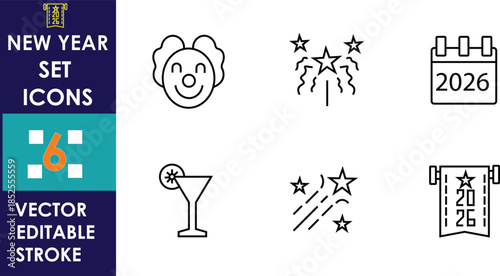 Minimal New Year icon set featuring calendar 2026, fireworks, party elements, cocktail, lucky charm, clean outline style, vector editable stroke for celebrations and events