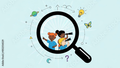 Three diverse children exploring and learning with magnifying glass and telescope surrounded by educational symbols