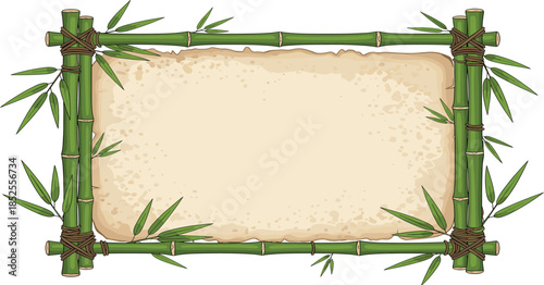 Horizontal green bamboo frame with tropical leaves and vintage parchment paper background for exotic oriental themes summer spa and relaxation