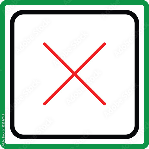 Red X mark inside a green bordered square cross cancel