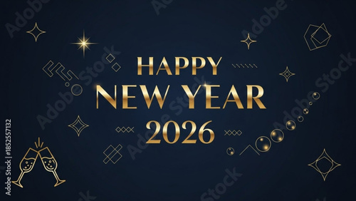 Golden happy new year 2026 celebration with champagne glasses and festive decorations on dark background