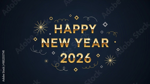Happy new year 2026 gold text with fireworks and swirls on dark background