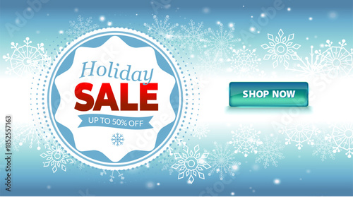 Editable text vector banner for year end sale promotion with snowflakes on winter background. Text is not outlined. Fonts are not included. Clean modern layout for websites ads and social media.