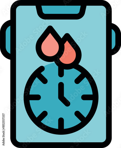 Menstrual cycle tracking app interface with blood drops and clock, symbolizing period monitoring and cycle prediction