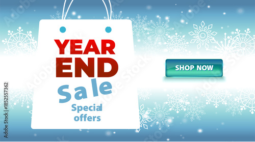 Editable text vector banner for year end sale promotion with snowflakes on winter background. Text is not outlined. Fonts are not included. Clean modern layout for websites ads and social media.