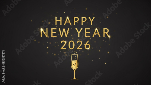 Happy new year 2026 celebration with champagne glass and gold text on black background with sparklers