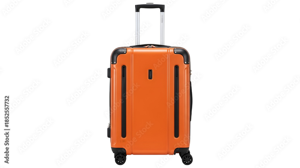 Naklejka premium Orange suitcase with black accents and handle extended isolated on a transparent background luggage travel