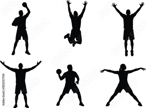 Athlete silhouette vector set, black sports icons, dynamic poses, ball action, jumping gestures, fitness movement, isolated artwork