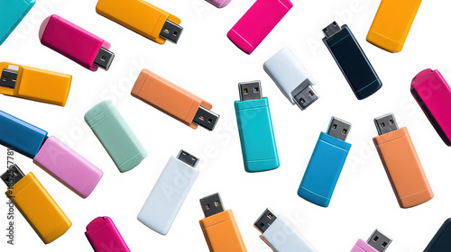 Collection of Colorful USB Flash Drives Pattern Isolated on White Background
