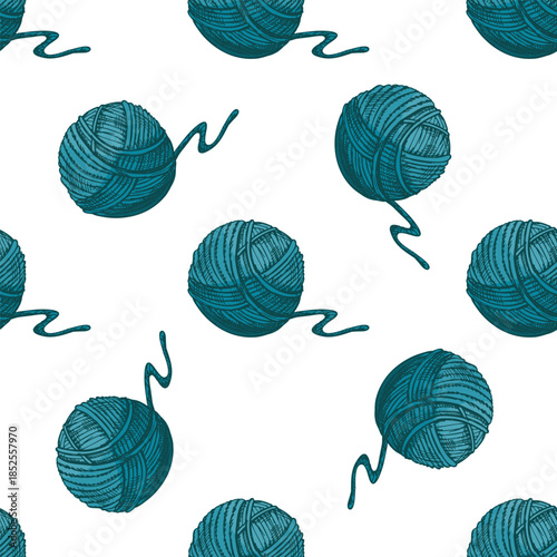 Hand drawn vintage seamless pattern of turquoise yarn balls with thread tail, knitting inspired cozy textile background
