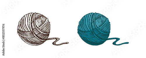 Hand drawn vintage sketch of yarn balls in turquoise and monochrome style with thread tail, isolated illustration