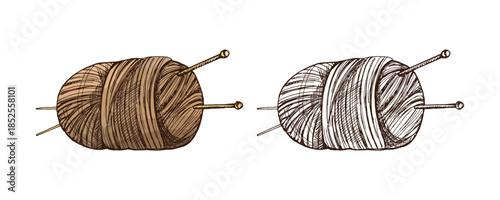 Hand drawn vintage sketch of yarn skein with knitting needles in brown and monochrome versions, isolated vector illustration