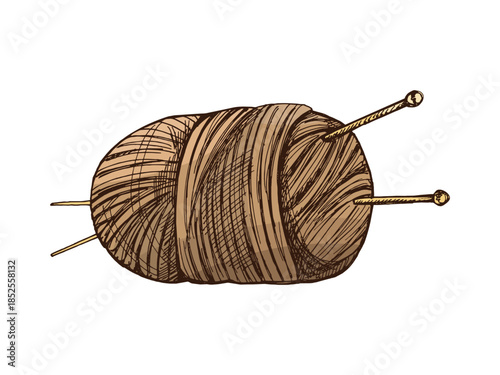 Hand drawn vintage sketch of brown yarn skein with knitting needles in cozy rustic style, isolated vector illustration