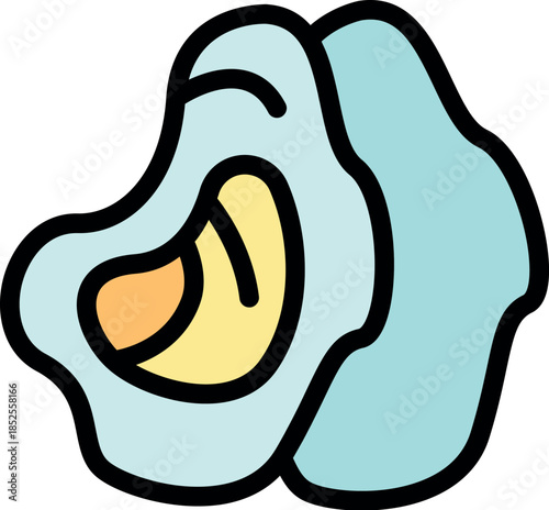 Open oyster showing meat inside shell, simple colorful icon of seafood delicacy ready to be eaten