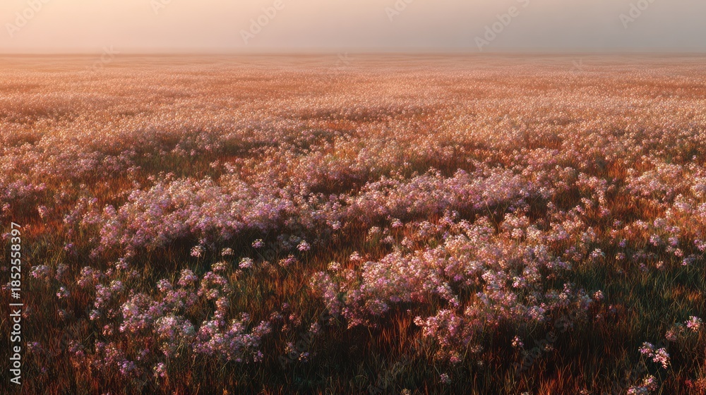 Fototapeta premium Field of wildflowers bathed in warm sunlight during golden hour