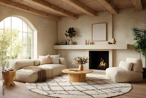 Cozy living room interior with a warm fireplace and neutral tones creates a relaxing and inviting atmosphere.