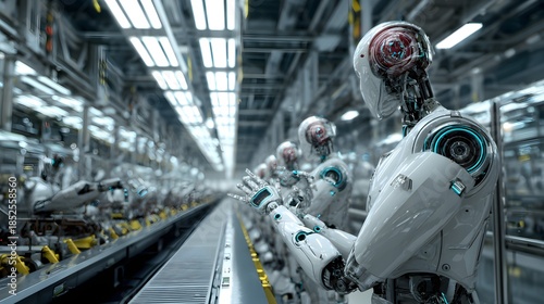 Automated robotic arms assemble products on a futuristic conveyor belt within a high-tech manufacturing facility.