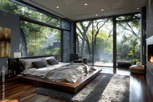 Luxurious master bedroom with large windows overlooking a lush green forest creates a serene retreat.