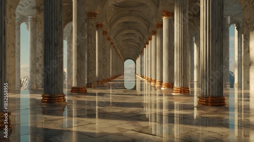 Ancient marble colonnade leads the eye toward a bright, hopeful opening and distant mountain vista.