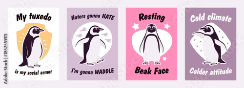 African penguin slogan poster set. Inspirational quotes collection for T-shirt printing, motivational copybook covers ready design, creative typography, tote bag decor, promotion. Vector illustration