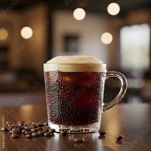 Cold coffee drink in a glass mug on a wooden table