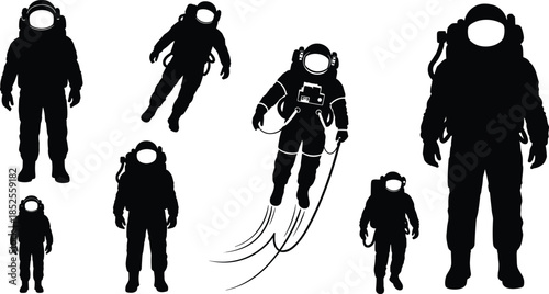 Astronaut silhouettes vector illustration, space suit figures, cosmic exploration design, futuristic astronaut poses, oxygen tanks, helmeted explorers, outer space adventure artwork, sci‑fi theme