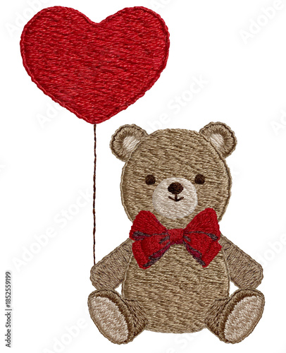 手刺繍のハートの風船とテディベア