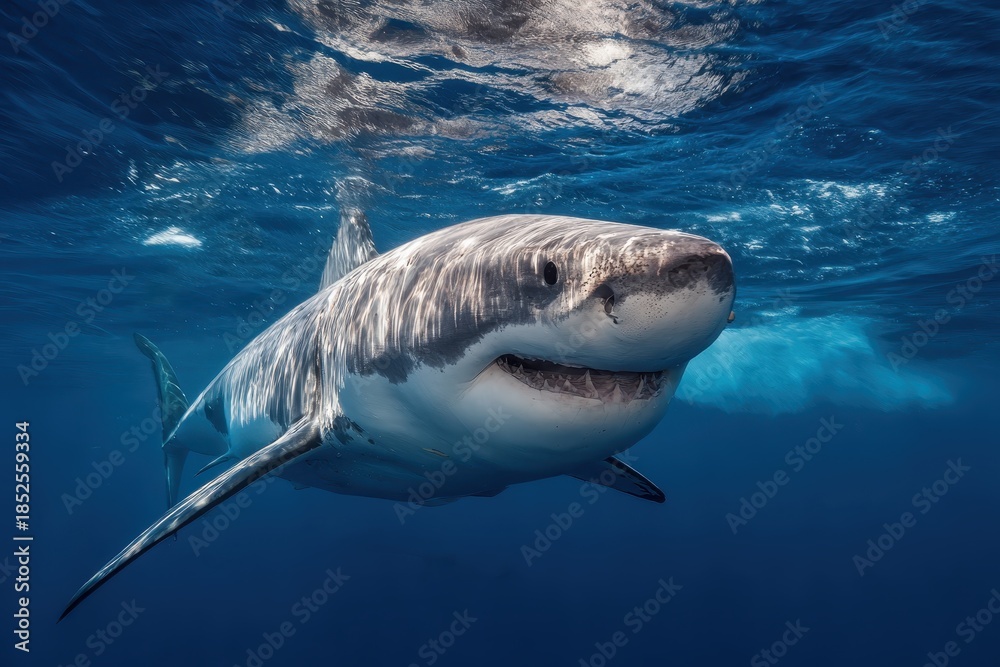 Naklejka premium Great white shark swimming gracefully in clear waters, showcasing a unique expression of friendliness in its natural habitat