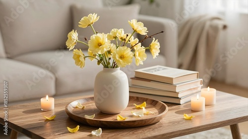 a white vase filled with yellow flowers on top of a table next to a pile of books and a candle