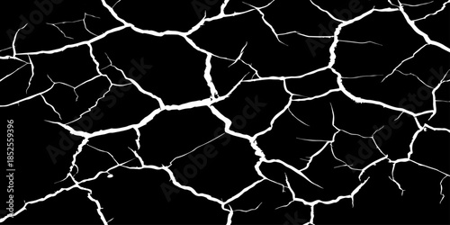 Abstract black cracked texture with white fracture lines, resembling dry soil or shattered surface. High contrast, minimal design, sharp details, seamless pattern, clean background, studio lighting.
