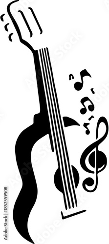 Acoustic Guitar Silhouette with Musical Notes and Treble Clef Detail