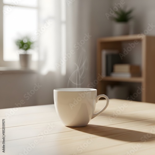 Steaming hot coffee cup on a wooden table