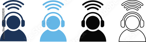 Podcast Listener and Streaming Audio Icon, Person with Headphones, Wireless Sound, Online Content, Vector Graphics