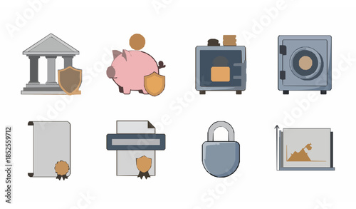 Financial security and banking protection vector icon set with savings insurance and privacy