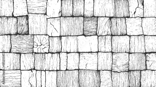 Black and white wood texture pattern of irregular rectangular blocks