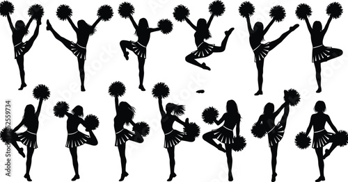 Cheerleader silhouettes with pom poms, energetic dance poses, vector illustration of cheerleading team performance, dynamic sports spirit, fitness, celebration, competition