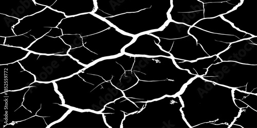 Abstract black cracked texture with white fracture lines, resembling dry soil or shattered surface. High contrast, minimal design, sharp details, seamless pattern, clean background, studio lighting.