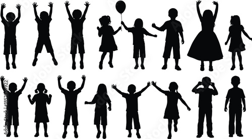 Children silhouettes playing, jumping, dancing, holding balloon, vector illustration, kids activity poses, childhood fun, happy boys girls, outdoor recreation, playful lifestyle