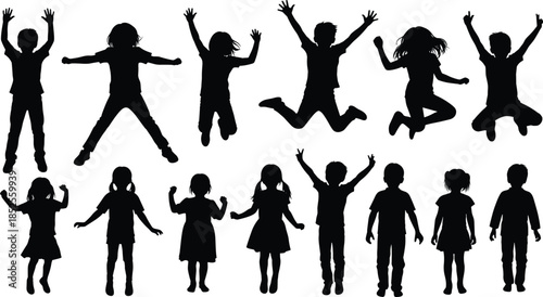 Children silhouettes jumping, standing, raising arms, playful kids vector illustration, energetic poses, childhood activity, black figures, white background, dynamic movement, posture diversity