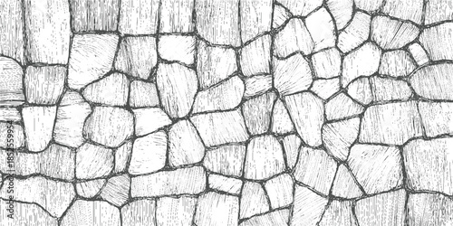 Hand drawn stone wall texture with irregular shapes and hatching detail background pattern